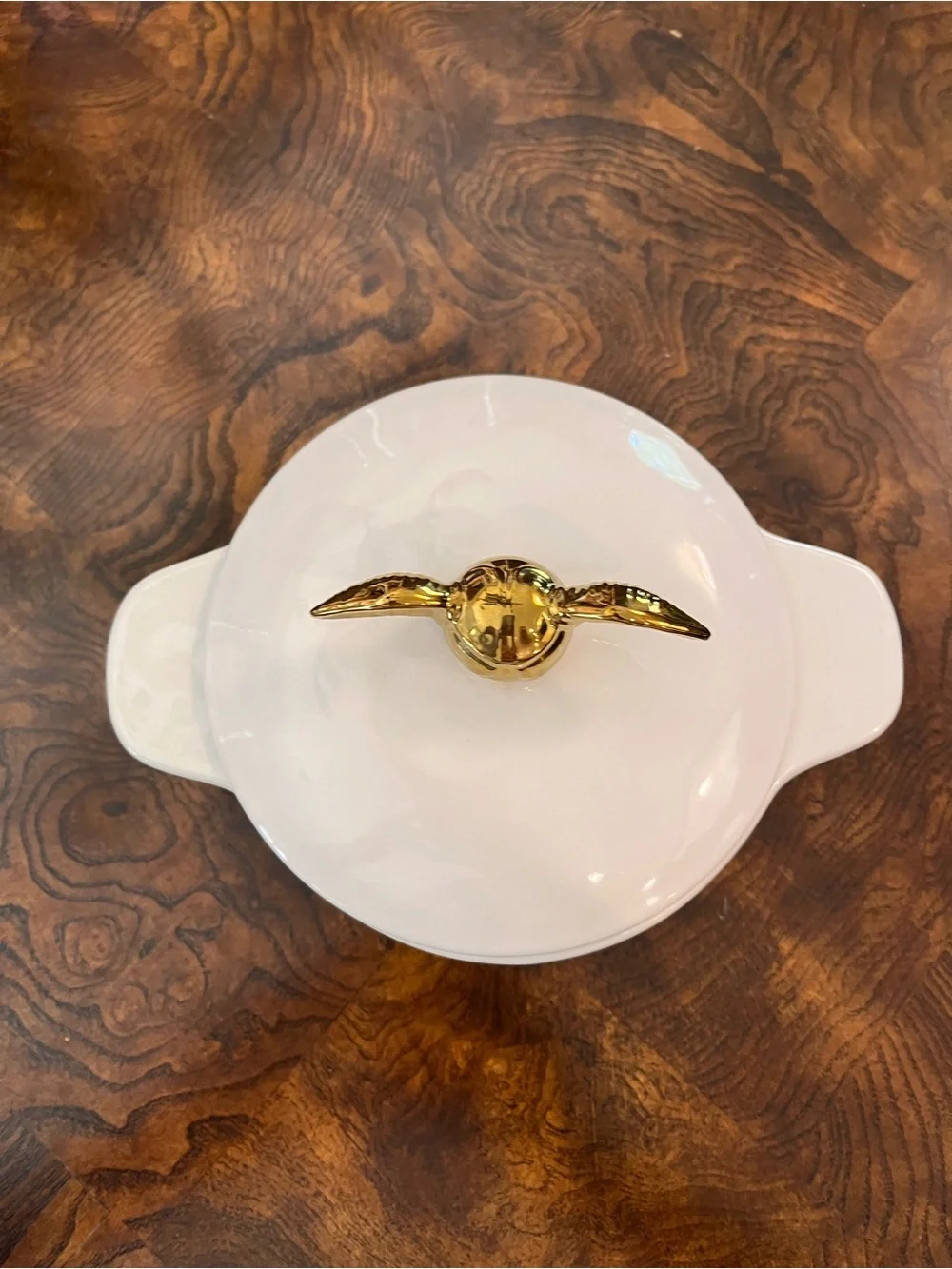 Rae Dunn White Ceramic Covered Dish with Gold Handle